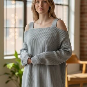 Cold Shoulder Ribbed Knit Sweater Grey Strap Detail Oversized Medium Boutique